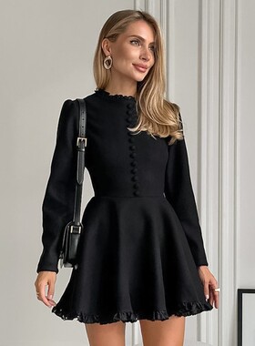 春夏新款黑色长袖连衣裙设计感小黑裙字裙女通勤跨境欧美