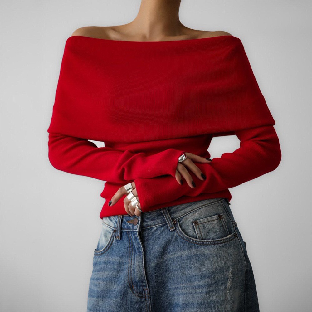 跨境毛衣女秋冬欧美风长袖针织打底衫一字肩性感修身露肩上衣