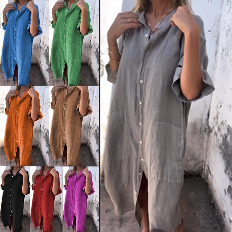 新款欧美春夏季欧美风宽松休闲中袖棉麻衬衣连衣裙女