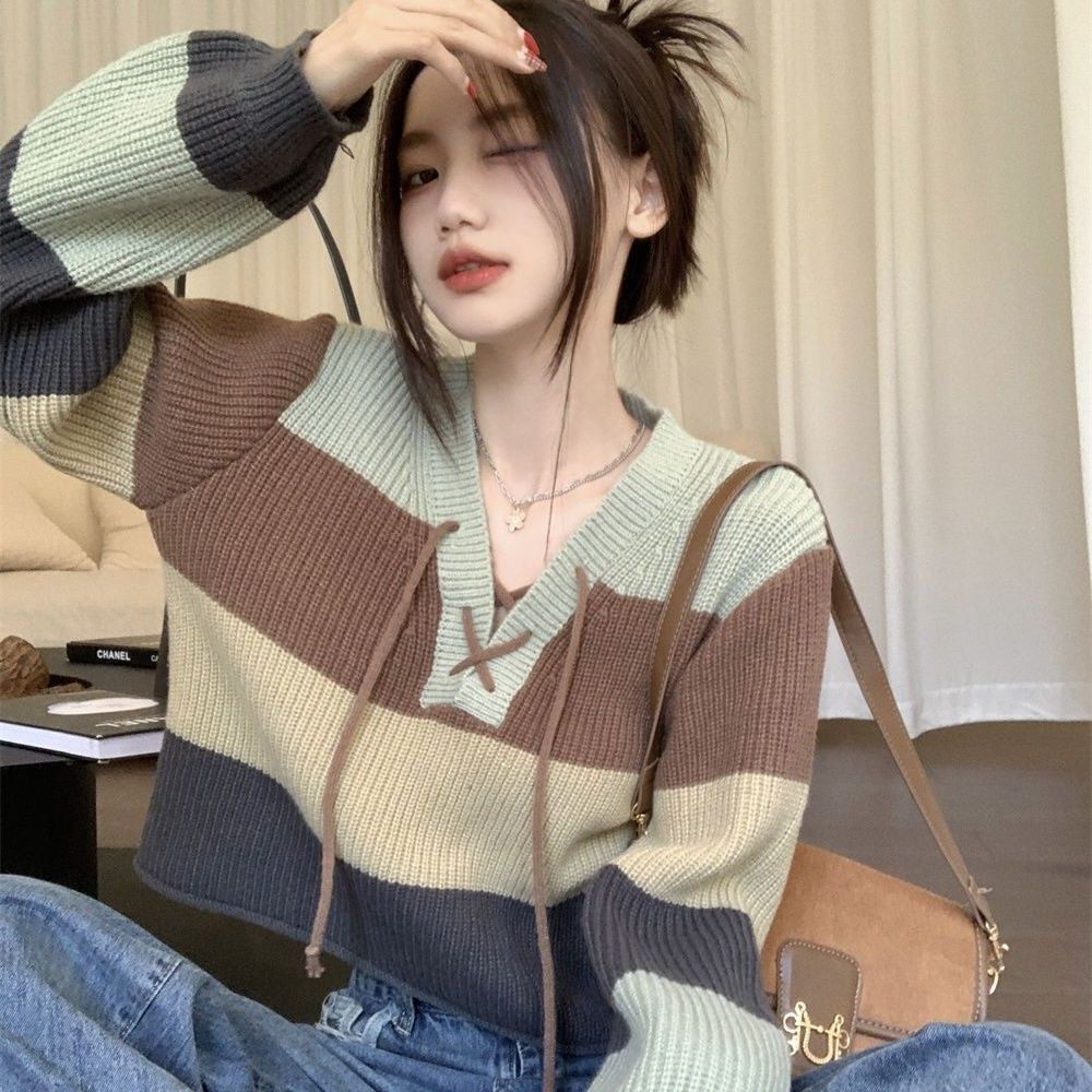 条纹撞色系带针织毛衣女春秋新款设计感翻领复古辣妹长袖上衣,个性定制/设计服务/DIY,连衣裙加工定制,淘宝优惠券,粉丝福利购,淘宝优惠卷