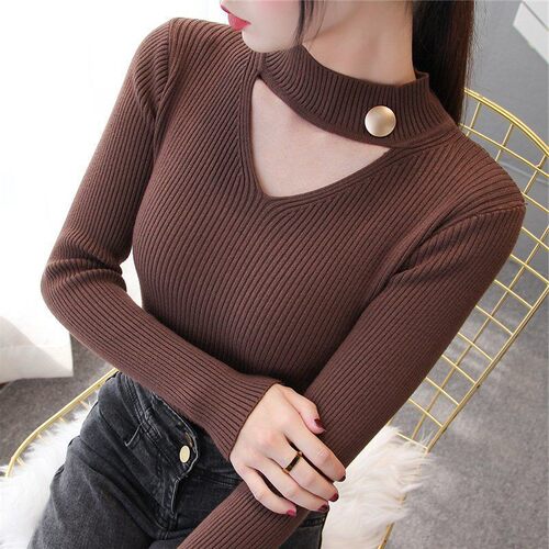 镂空挂脖领长袖秋冬毛衣女内搭外穿新款修身针织打底衫上衣