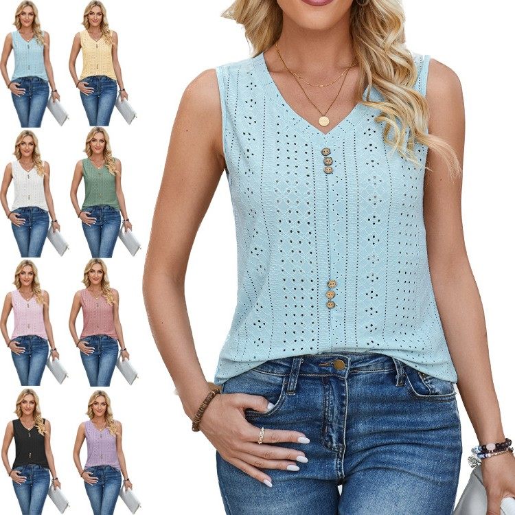 欧美跨境外贸女装春夏亚马逊新品纯色领无袖孔眼扣子背心,个性定制/设计服务/DIY,连衣裙加工定制,淘宝优惠券,粉丝福利购,淘宝优惠卷
