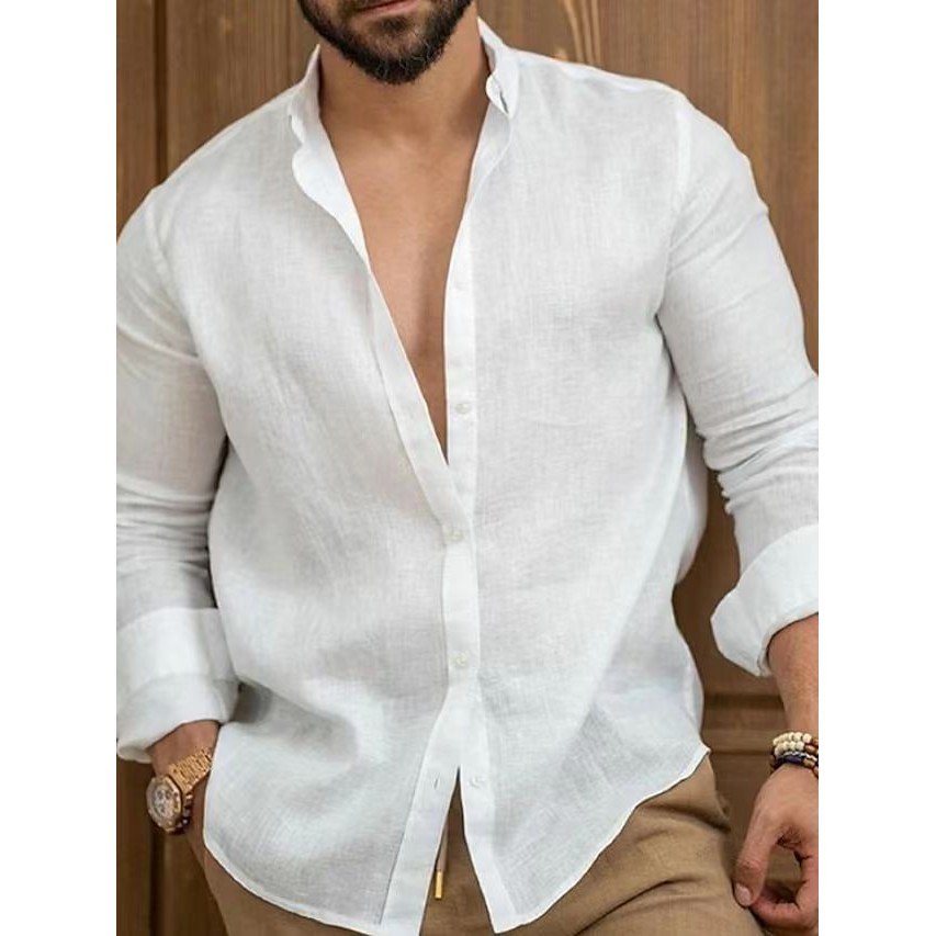 2023 Cotton Linen Solid Men's Shirt Youth Leisure男士衬