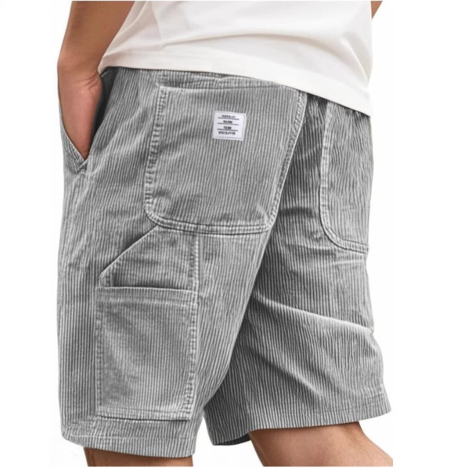 欧美新款跨境外贸男士时尚多口袋带绣标工装复古灯芯绒短裤