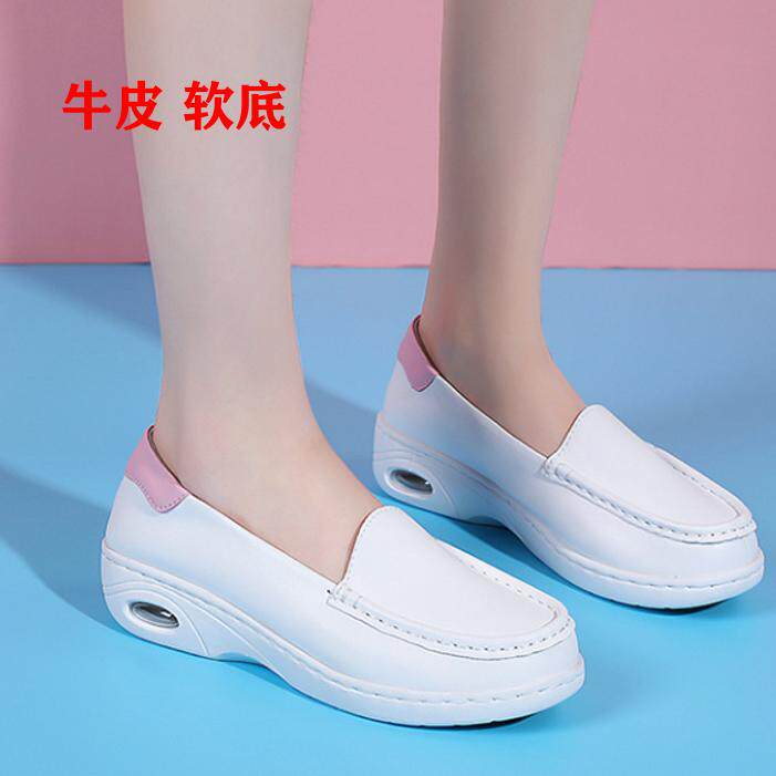 春夏单鞋真皮气垫厚底护士鞋女白色一脚蹬休闲舒适不累脚增高女鞋