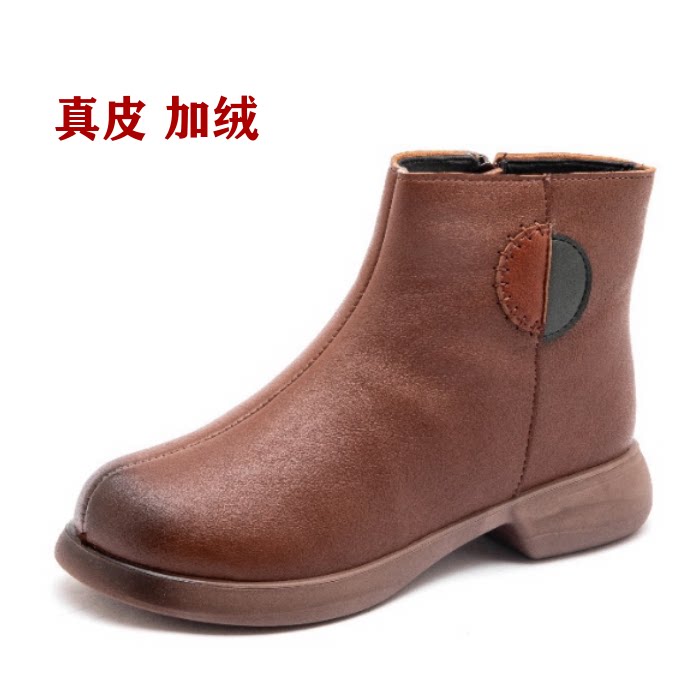 真皮加绒女高帮保暖软底棉靴