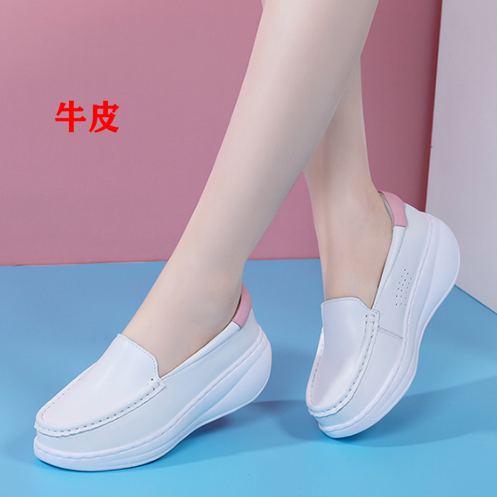 休闲风牛皮厚底乐福鞋女白色单鞋一脚蹬软底不累脚懒人鞋运动女鞋