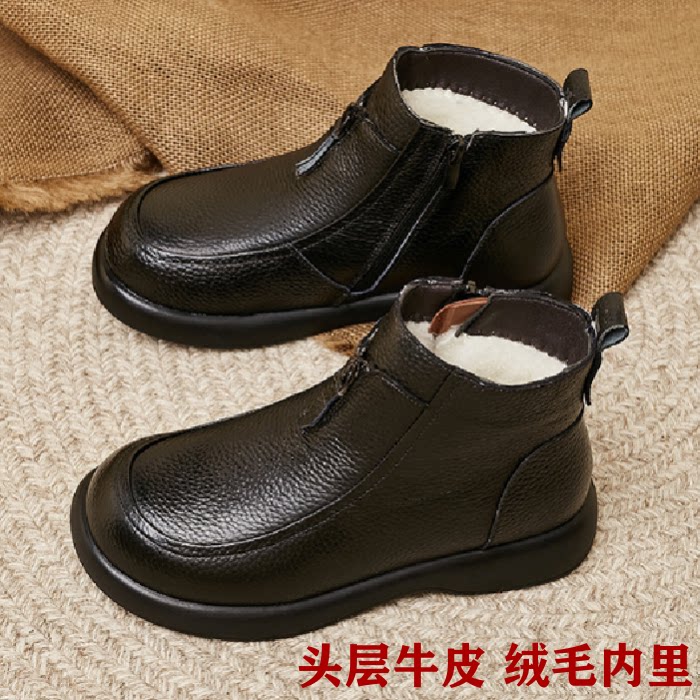 冬季头层牛皮加绒保暖妈妈高帮靴