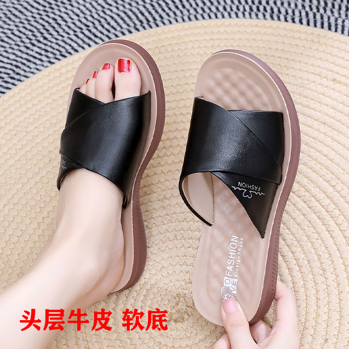 2026夏季新款真皮拖鞋露趾女鞋外穿软底防滑平底凉拖鞋休闲凉鞋子