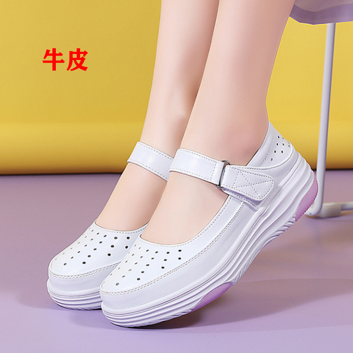 2025新款夏季真皮女鞋舒适护士鞋白色厚底镂空透气洞洞凉鞋小白鞋