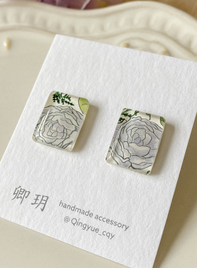 卿玥玫瑰花纹长方形手工耳环耳钉女小众独特复古气质耳饰礼物推荐