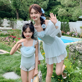 甜美仙女风亲子装母女泳衣显瘦荷叶边中小儿童可爱女童泡温泉泳装