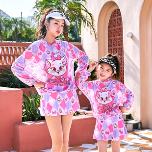 库洛米大女童泳装 防晒帽衫 比基尼三件套平角长袖 亲子泳衣母女裙式