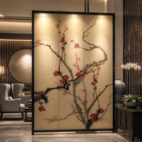 腊梅国画艺术玻璃隔断客厅玄关屏风复古夹绢玻璃背景墙可定制尺寸