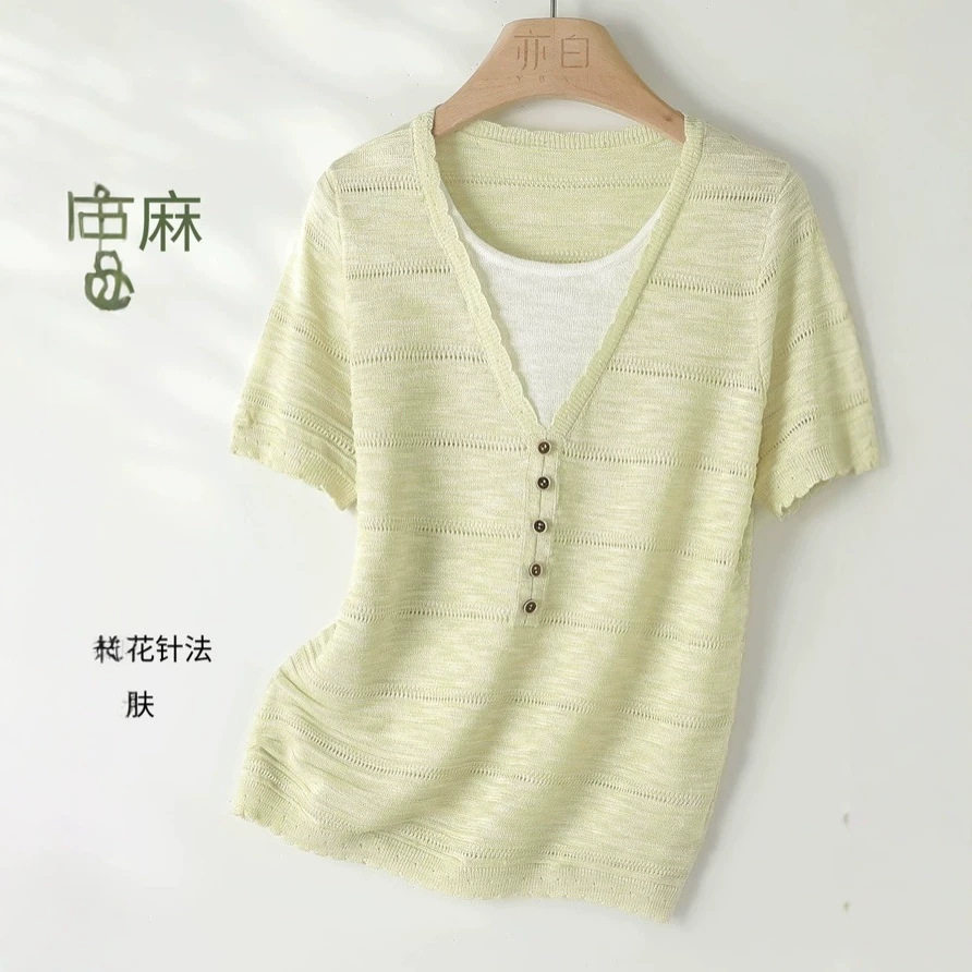 天丝亚麻2026夏季新款时尚百搭花纱假两件钩花针织衫短袖上衣女