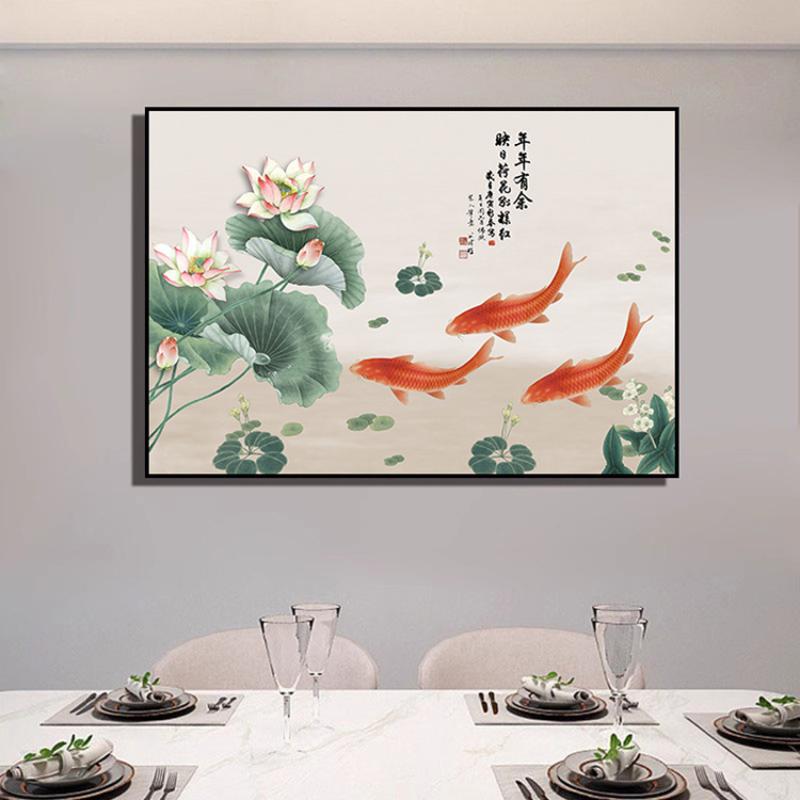 三条鱼装饰画玄关装饰画新中式墙壁画客厅餐厅厨房墙壁三条鱼挂画图片