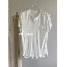 VB法式简约 超细亚麻清爽透气圆领休闲百搭短袖女夏微宽松带兜T恤
