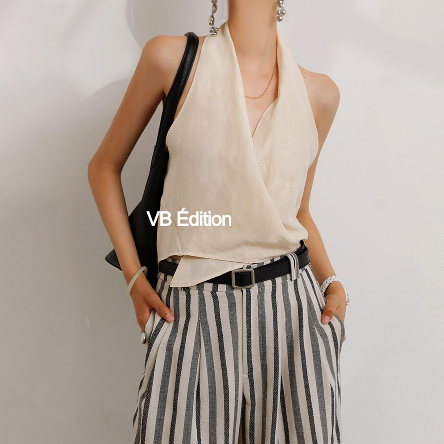 VB 法式小众设计感挂脖上衣无袖上衣女夏季薄外穿亚麻背心吊带