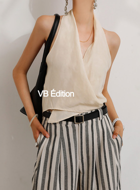 VB 法式小众设计感挂脖上衣无袖上衣女夏季薄外穿亚麻背心吊带