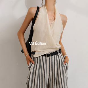 VB 法式小众设计感挂脖上衣无袖上衣女夏季薄外穿亚麻背心吊带