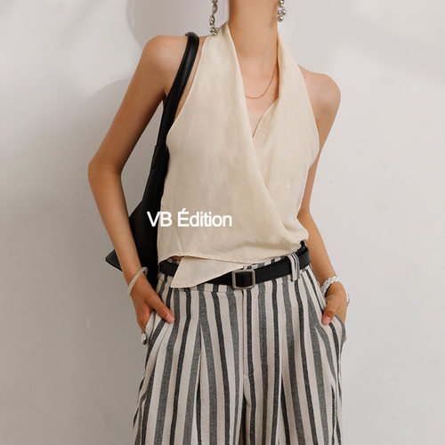 VB 法式小众设计感挂脖上衣无袖上衣女夏季薄外穿亚麻背心吊带