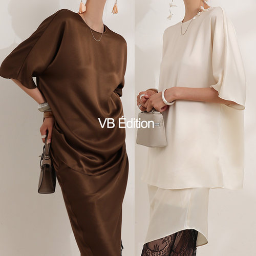VB简约风圆领落肩醋酸上衣