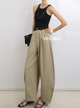 VB法式慵懒风 松紧高腰弯刀镰刀裤女宽松阔腿长裤天丝棉休闲裤子