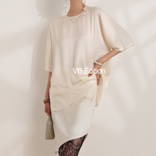 VB法式夏季简约ROW风圆领凉感重磅醋酸上衣千金衫宽松落肩短袖T恤