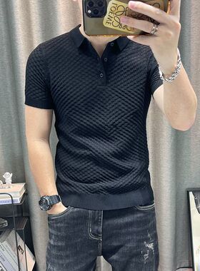翻领针织衫男士春夏季新款男士polo领短袖毛衣弹力紧身青年毛线衣