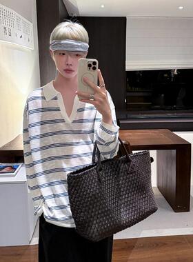 慵懒松弛感条纹小V领长袖针织T恤夏季新款百搭薄款韩版宽松防晒衫