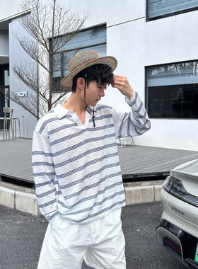 夏季新款条纹防晒衫男士宽松休闲废土风长袖T恤多巴胺时尚上衣潮