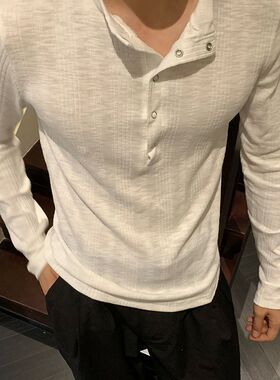 春秋新款柔软舒适内搭修身薄款亨利领简约男士长袖T恤打底衫防晒