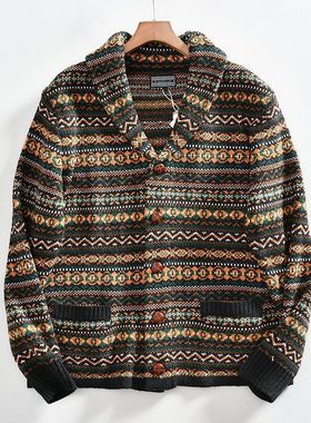 青果领外套秋冬季新款男士复古民族风翻领百搭针织开衫毛衣外套潮