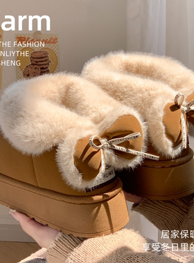 2025冬季新款蝴蝶结棉拖鞋女款百搭外穿雪地靴厚底踩屎感情侣棉鞋