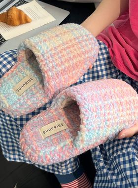 棉拖鞋女冬季新款撞色时尚格纹居家保暖厚底防滑加绒情侣毛毛棉拖