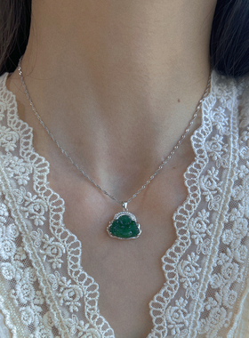 纯银女天然翡翠绿项链玉佛项链