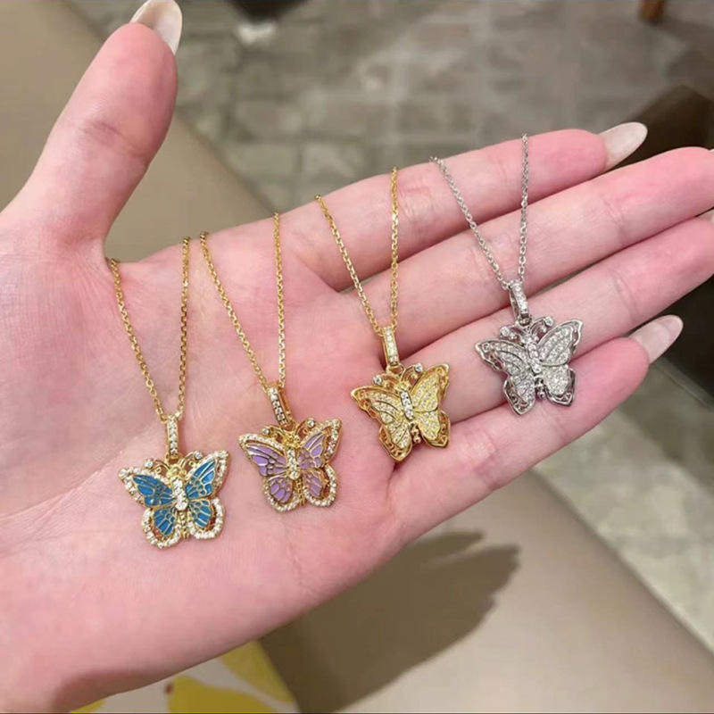 秋冬百搭古法花丝镶钻珐琅蝴蝶项链女不掉色轻奢小众高级感锁骨链
