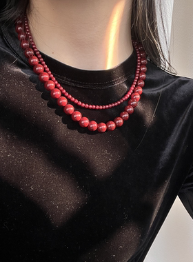 串珠复古红色手作项链s925纯银