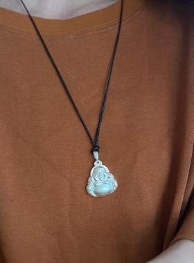 足银男女笑佛公黑绳项链长款中式