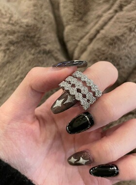超闪锆石宽版三层排钻戒指女新款小众设计轻奢百搭开口可调指环女