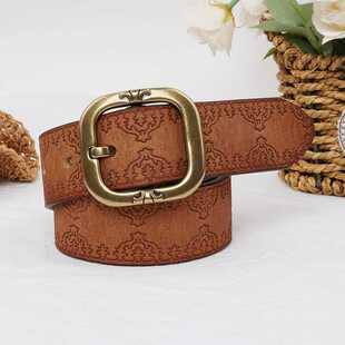 带女士皮带手工压花休闲复古真皮腰带男个性 时尚 纯铜日字扣牛皮裤