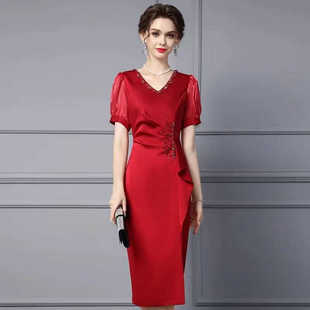 包臀裙气质晚会礼服开叉一步裙 修身 酒红色连衣裙女V领短袖 夏薄款