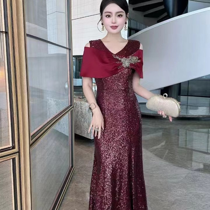 婚宴亮片酒红色鱼尾裙2025新款高雅轻熟名媛气质连衣裙