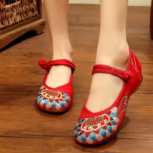 牛筋底绣花鞋内增高布坡跟