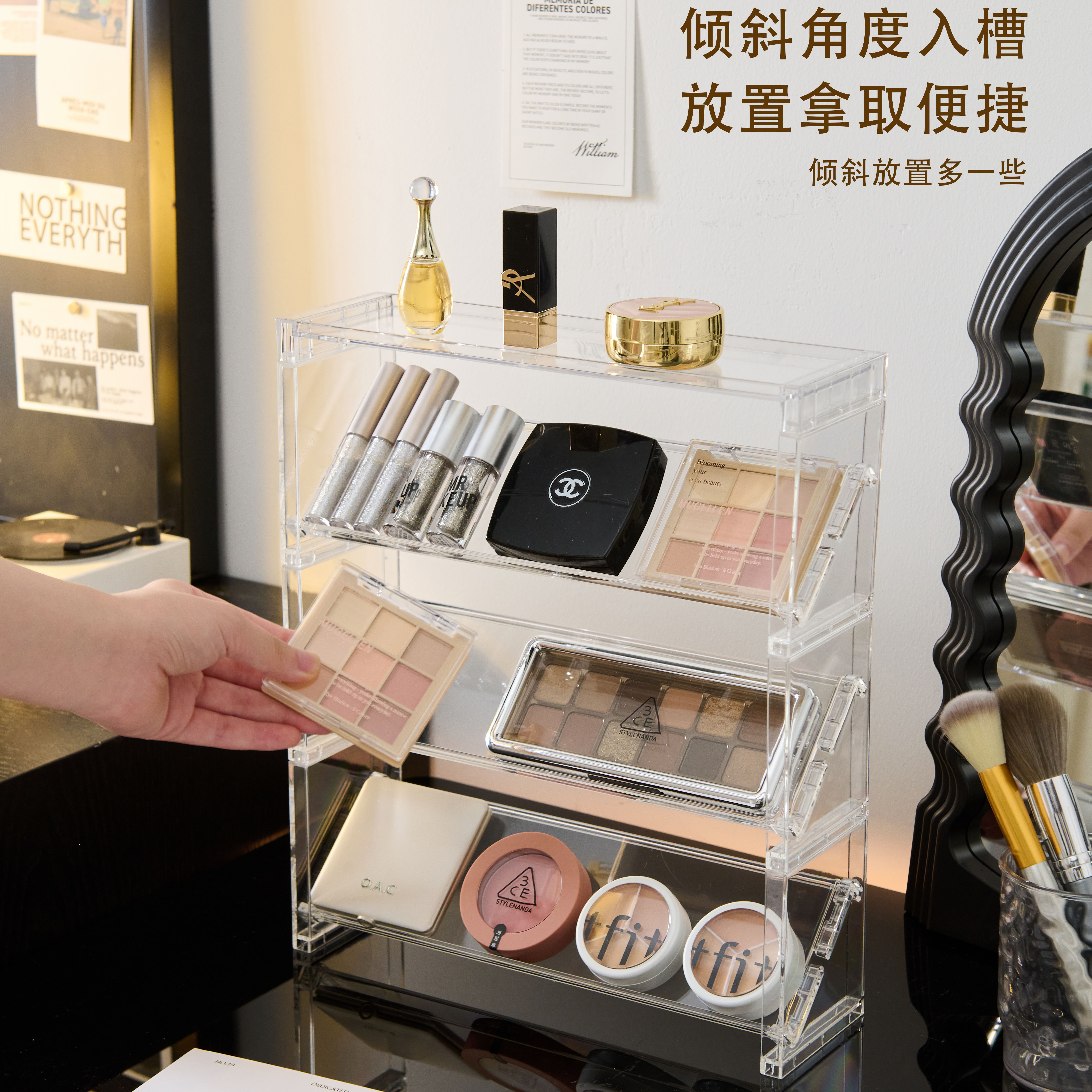 眼影陈列架亚克力阶梯粉饼展示架透明桌面化妆品口红指甲油置物架