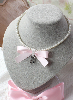 粉色仿珍珠项链玻璃Lolita饰品锁骨链配饰蝴蝶结手作原创少女甜妹