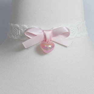 白粉色蝴蝶结爱心吊坠蕾丝项链choker颈饰少女甜美可爱锁骨链日系