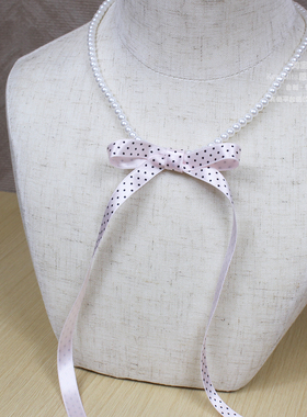 粉色黑波点日系ins量产型复古vintage蝴蝶结miu少女项链仿珍珠链