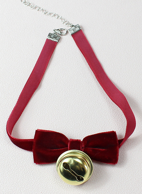 金色铃铛圣诞节平安夜丝绒锁骨链酒红色项链项圈礼物纯欲choker颈