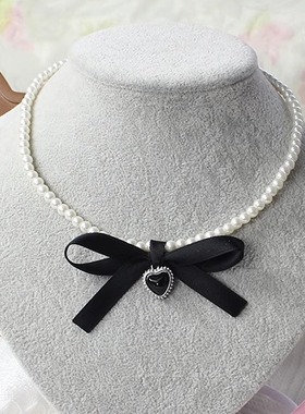 黑色蝴蝶结金色大铃铛仿珍珠项链锁骨链饰品Lolita猫女仆少女甜妹